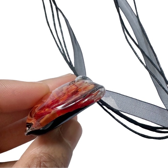 Blown Glass Heart with Orange Flower Medallion Black Cord and Lace Necklace - Picture 5 of 7